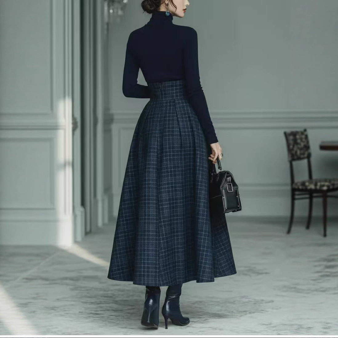 Solid color texture long sleeved elegant French dress for women