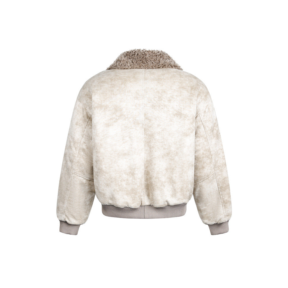 Urban Street Style Men's Cotton Coat, Turn-Down Collar, Distressed Tie-Dye, Loose Fit, Casual Outerwear Jacket