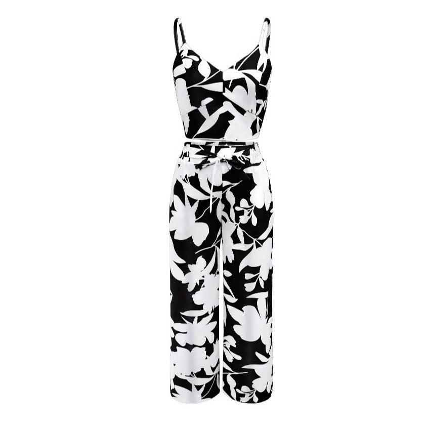 Fashion Print Strap Top High-Waisted Wide-Leg Long Pants Flowy Casual Women's Outfit Set