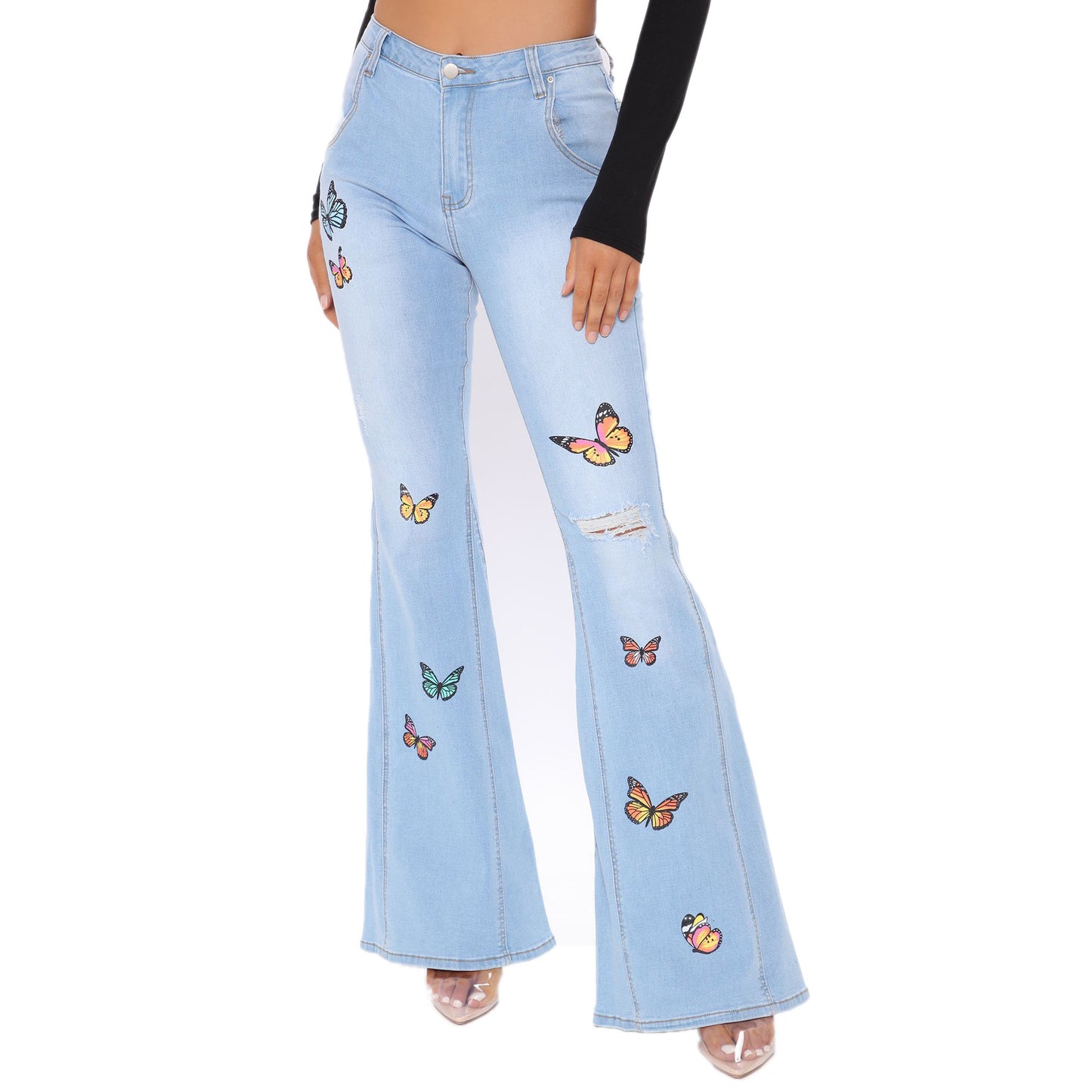 Tailored butterfly wide leg perforated high stretch flared pants