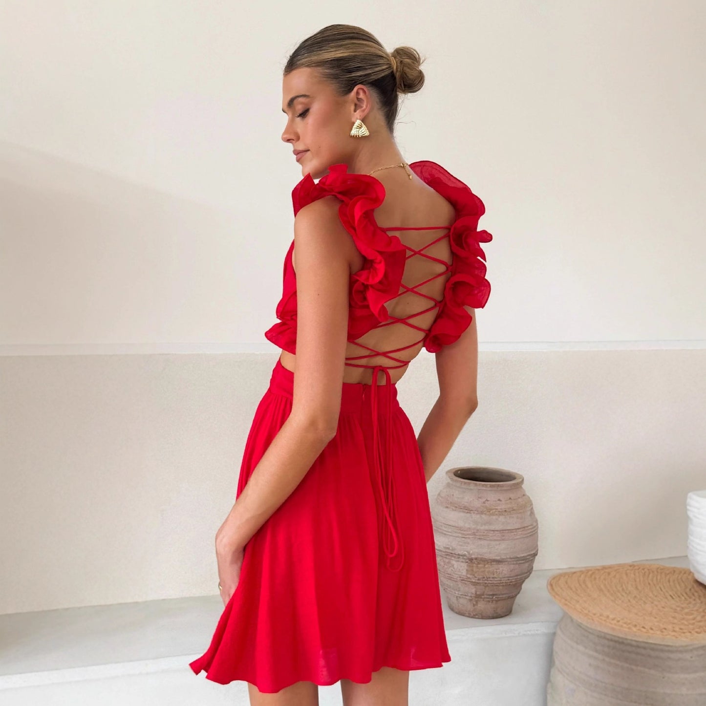 Casual Solid Color V-Neck High Waist Dress