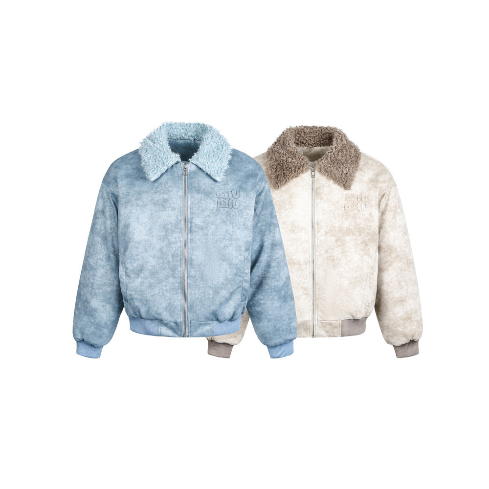 Urban Street Style Men's Cotton Coat, Turn-Down Collar, Distressed Tie-Dye, Loose Fit, Casual Outerwear Jacket