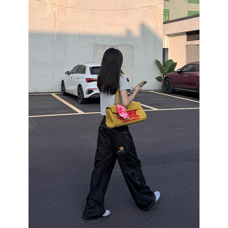 URKR Embroidered Deconstructed Oversized Raw Denim Pants Unisex Loose Straight Leg Trousers Vintage Black Casual Pants Trendy