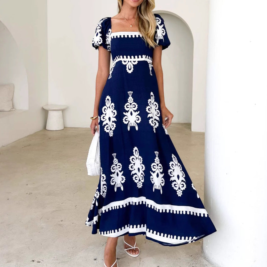 Vacation Print Beach Dress with Tie-Up Detail Women's Dress