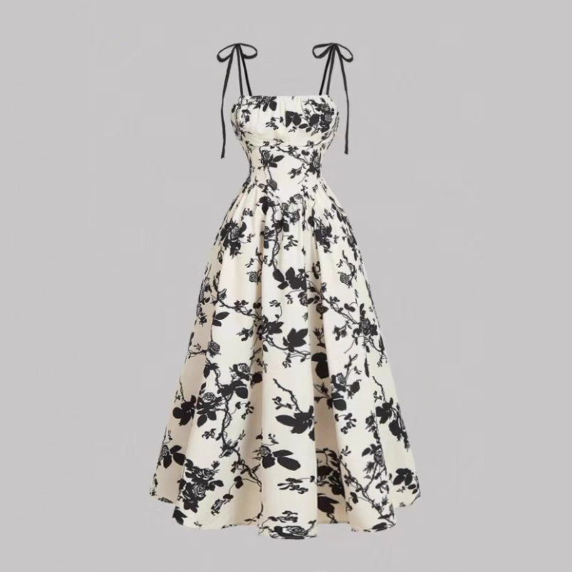 Elegant French Vintage Floral Print Slim Fit Strapless Dress for Women