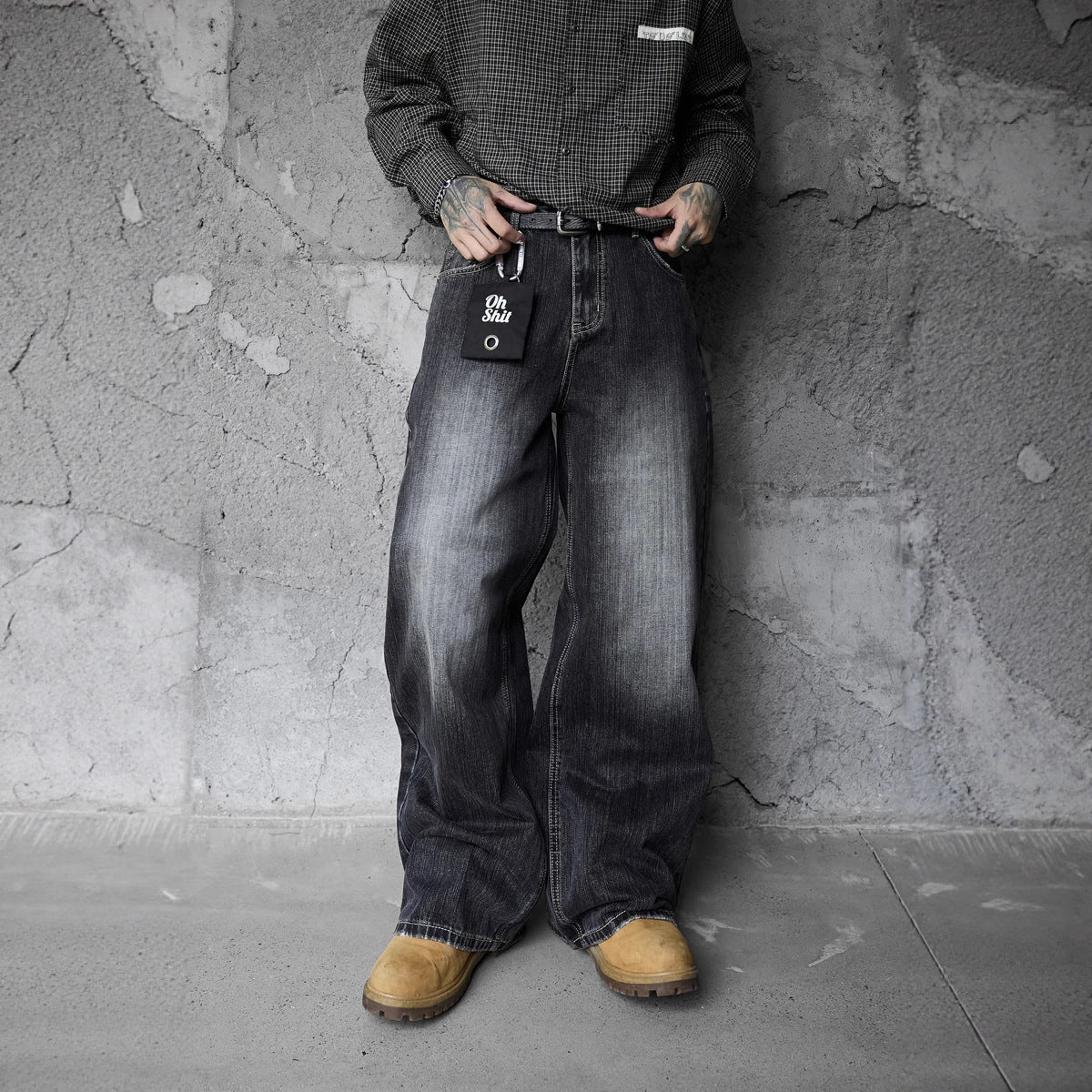 Vintage Washed Gradient Denim Pants Men's Design Street Style Couple Loose Versatile Straight Leg Casual Wide Leg Pants