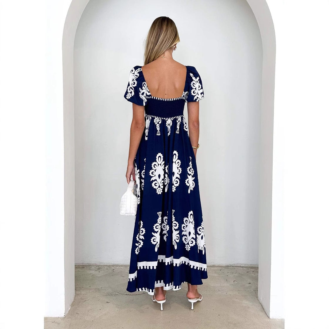 Vacation Print Beach Dress with Tie-Up Detail Women's Dress