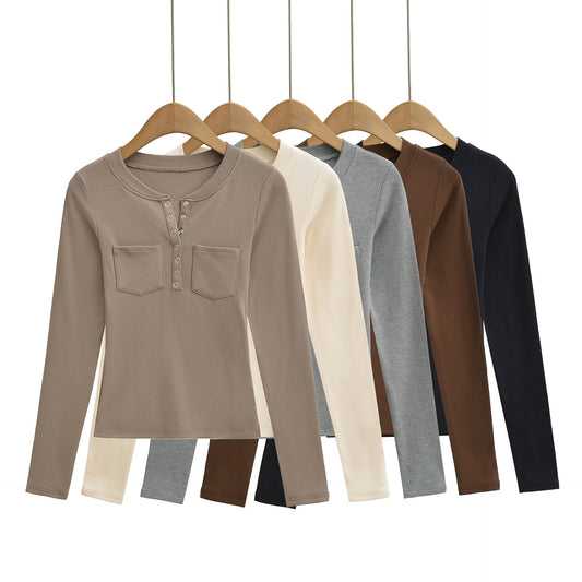Round neck single breasted long sleeved top T-shirt