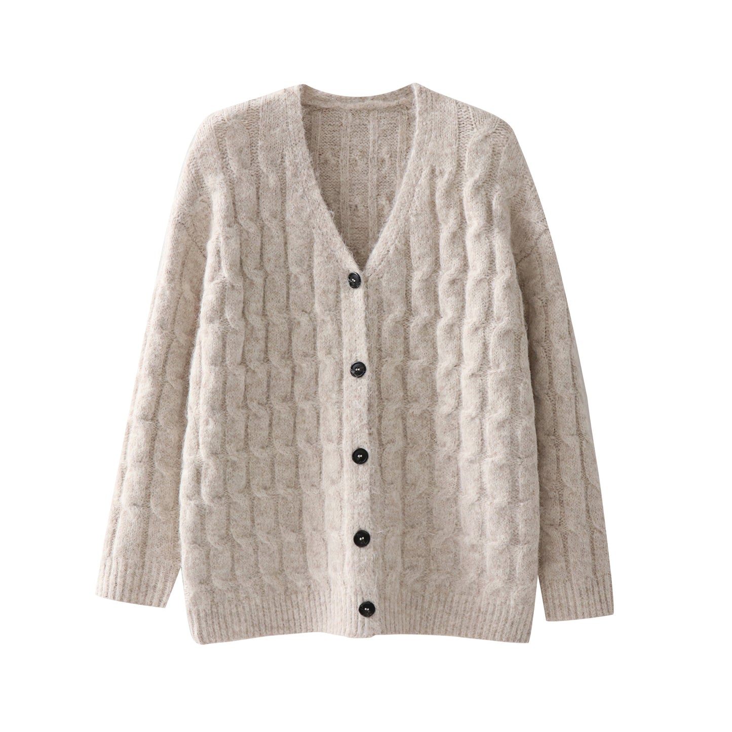 Solid color long sleeved button loose V-neck sweater