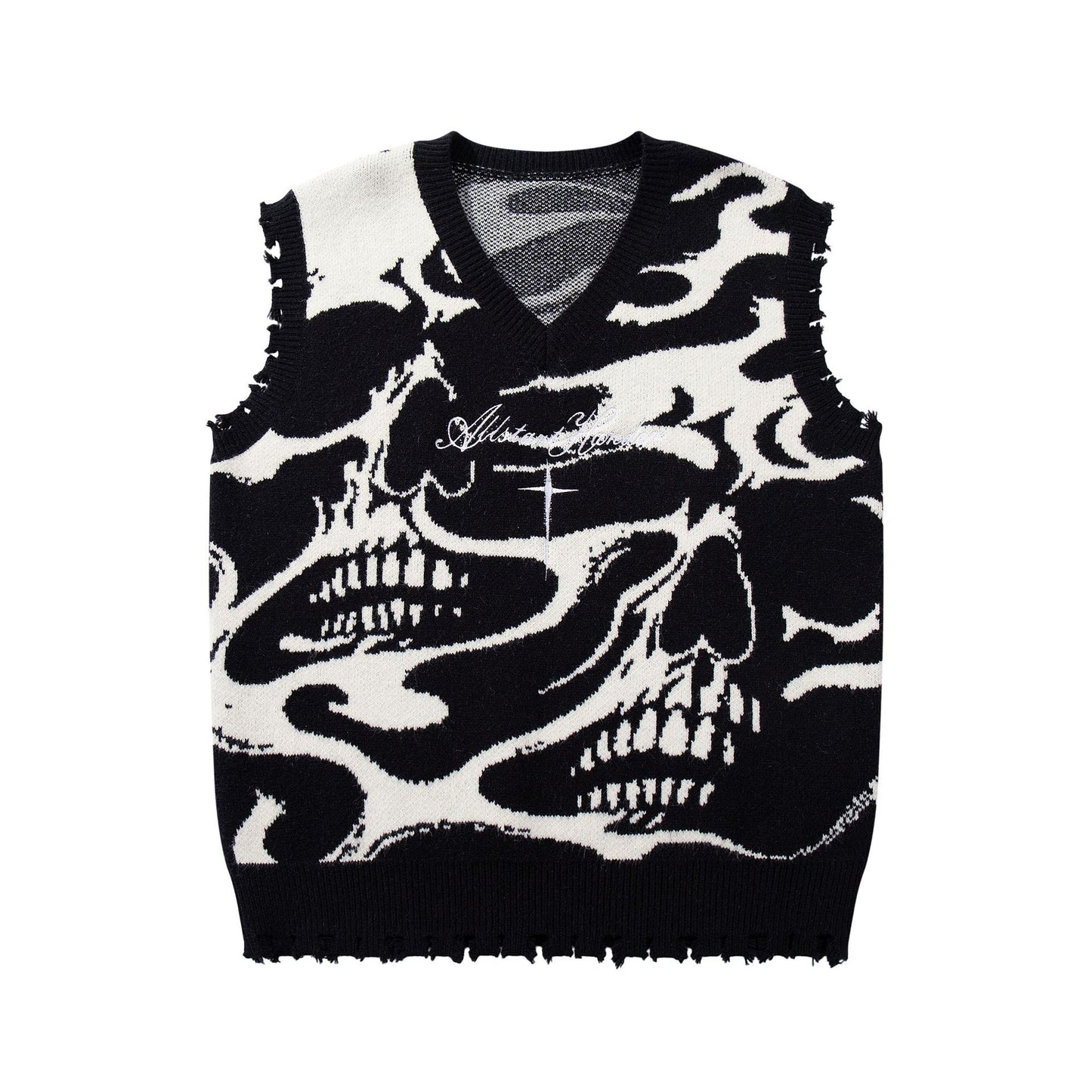 Dark skull cuts through sweater vest V-neck