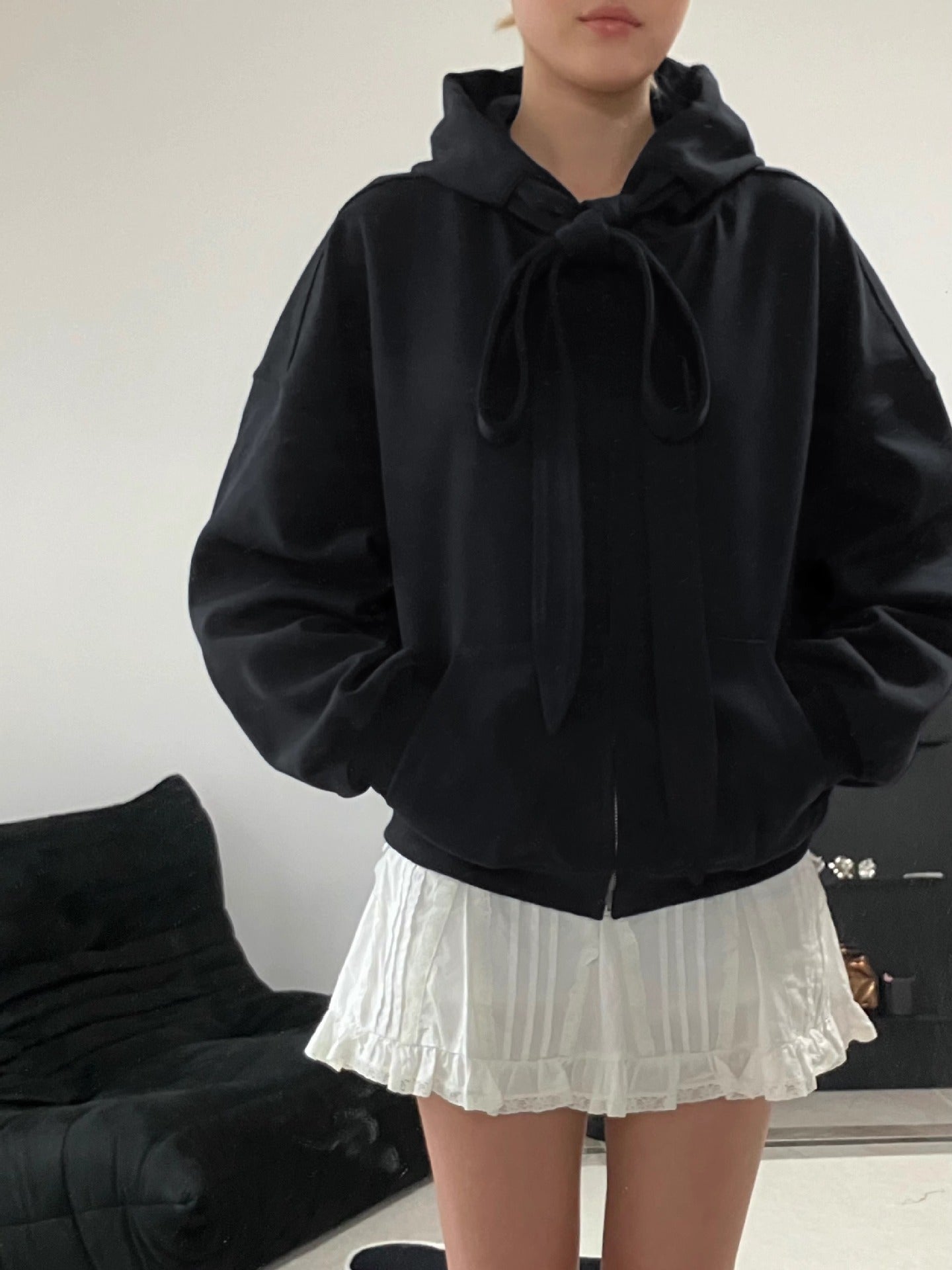 Style Tie-Bow Hooded Zip-Up Sweatshirt for Women, Casual Loose  Outerwear