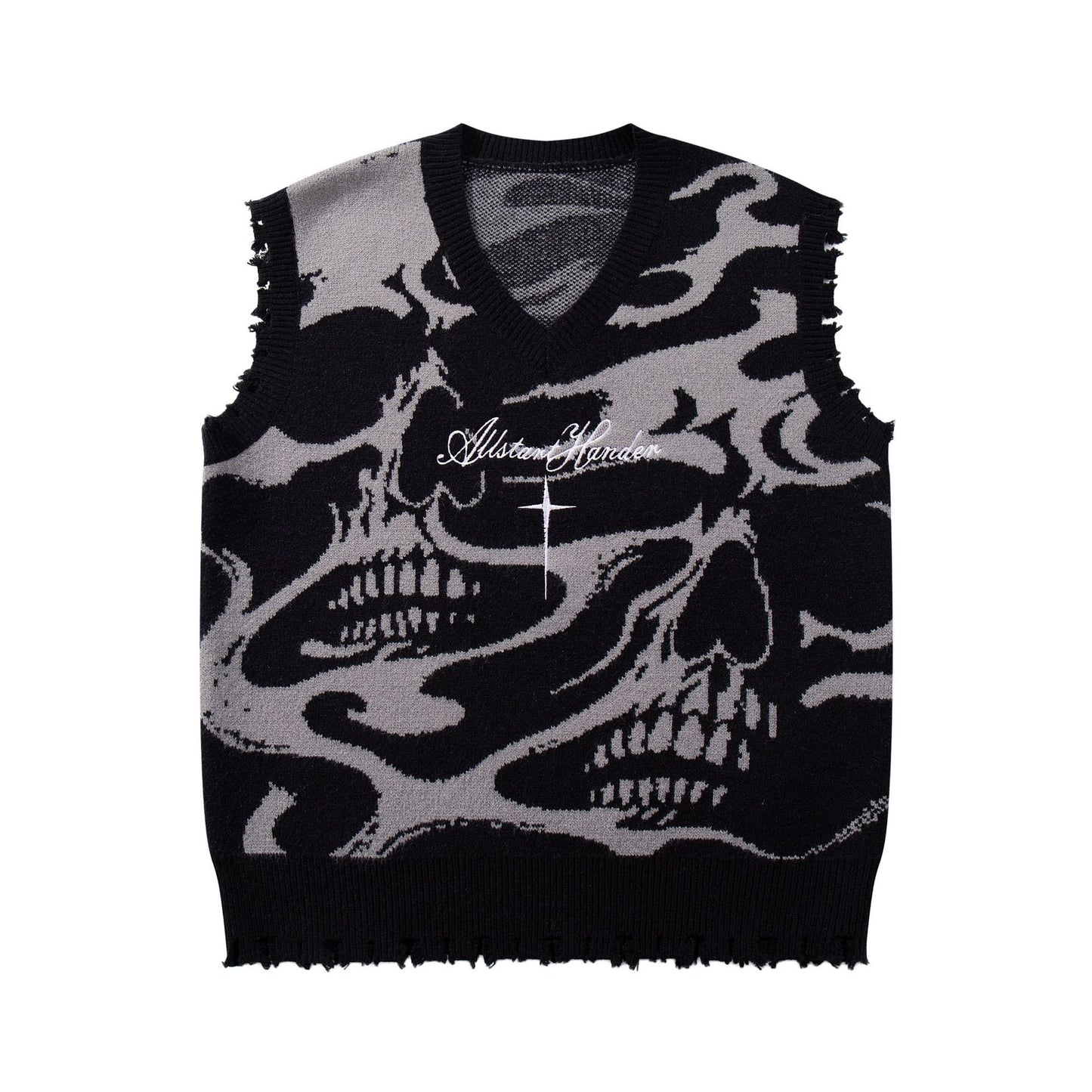 Dark skull cuts through sweater vest V-neck