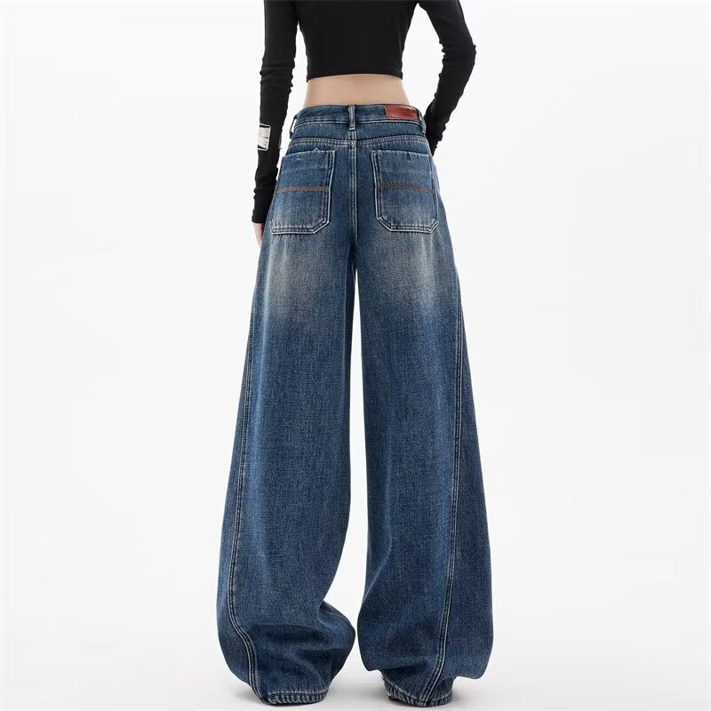 American Fashion Wide-Leg Denim Pants for Women, Loose Fit, Slimming, Floor-Length, Trendy Jeans